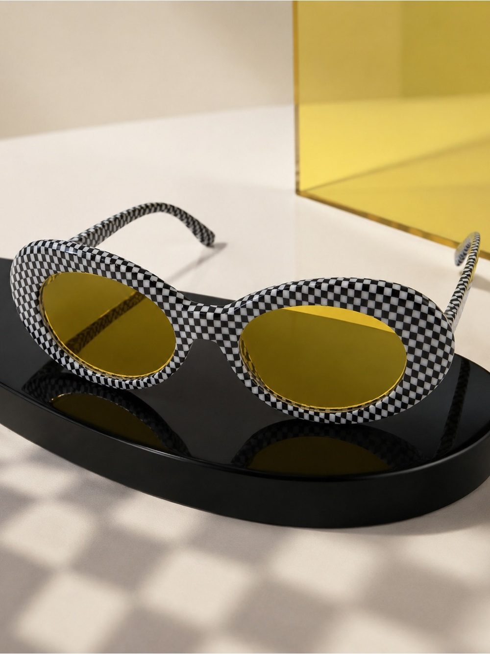 Black White Checkerboard Oval Sunglasses Yellow Lenses Mod Y2K